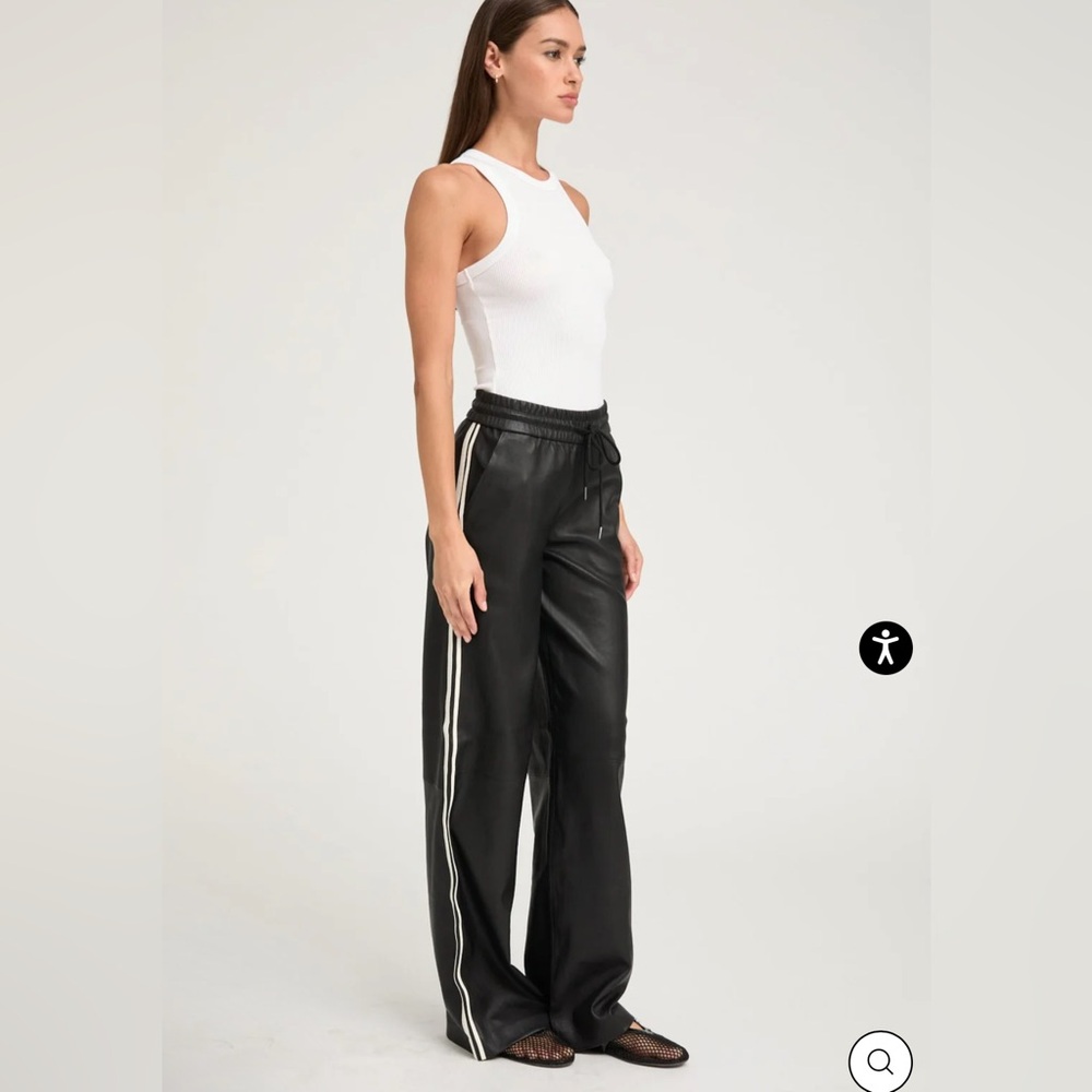 SPRWMN 💯 Leather Brown Baggy Athletic Track Pants Wide-Leg Side Stripes Large